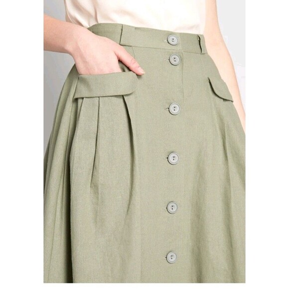 Modcloth Effortless Feature Midi Skirt Sz 2 Linen Blend Olive Green Pockets F243 - Picture 2 of 13